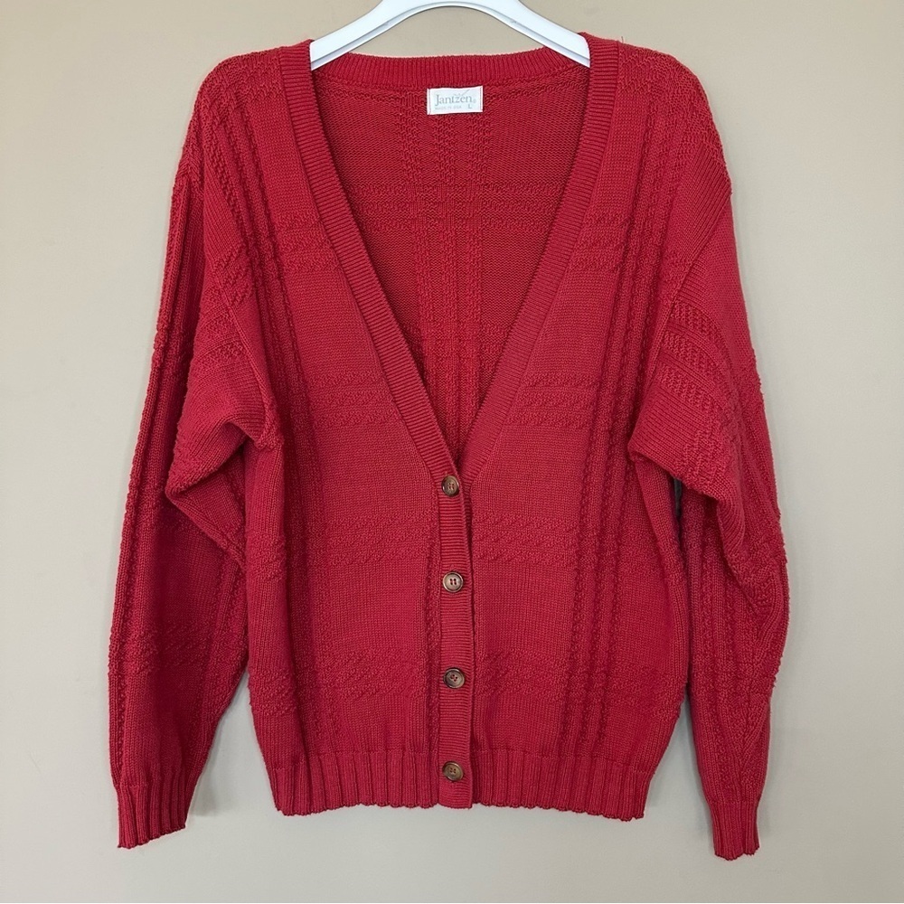Vintage Y2K Jantzen Men's Large Gandpa Cable Knit Cardigan Sweater USA Academia